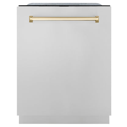 ZLINE 4-Appliance 36" Autograph Edition Kitchen Package with Stainless Steel Dual Fuel Range, Range Hood, Dishwasher, and Refrigeration Including External Water Dispenser with Polished Gold Accents