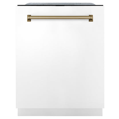 ZLINE 3-Appliance 48" Autograph Edition Kitchen Package with Stainless Steel Dual Fuel Range with White Matte Door, Range Hood, and Dishwasher with Champagne Bronze Accents