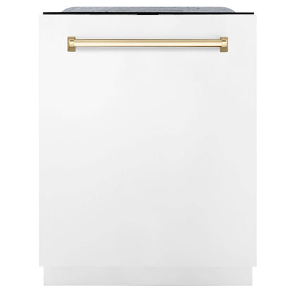 ZLINE 3-Appliance 30" Autograph Edition Kitchen Package with Stainless Steel Dual Fuel Range with Matte White Door, Range Hood, and Dishwasher with Polished Gold Accents