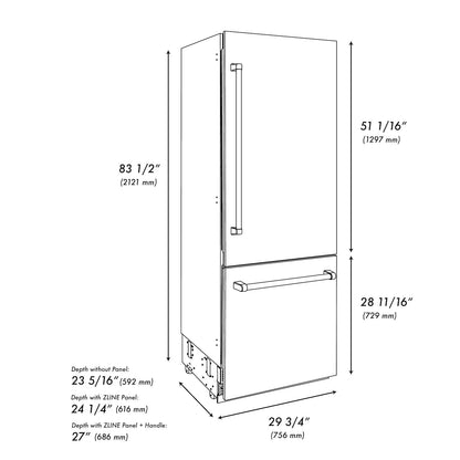 ZLINE 30" Autograph Edition Built-in 2-Door Bottom Freezer Refrigerator - Black Stainless Steel with Champagne Bronze Accents, Internal Water and Ice Dispenser