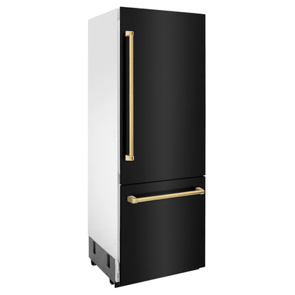 ZLINE 30" Autograph Edition Built-in 2-Door Bottom Freezer Refrigerator - Black Stainless Steel with Polished Gold Accents, Internal Water and Ice Dispenser