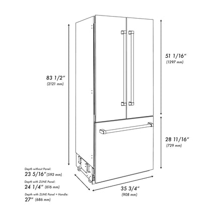 ZLINE 36" Autograph Edition Built-in 2-Door Bottom Freezer Refrigerator - Fingerprint Resistant Stainless Steel with Accents, Internal Water and Ice Dispenser