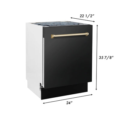 ZLINE 4-Appliance 30" Autograph Edition Kitchen Package with Black Stainless Steel Dual Fuel Range, Range Hood, Dishwasher, and Refrigeration Including External Water Dispenser with Polished Gold Accents