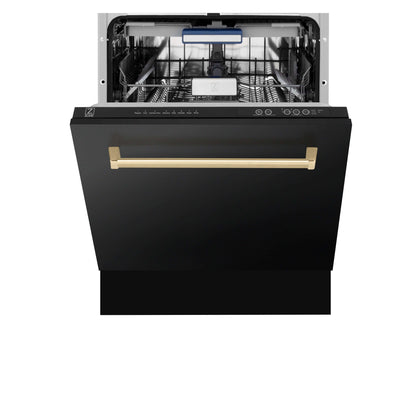 ZLINE 3-Appliance 48" Autograph Edition Kitchen Package with Black Stainless Steel Dual Fuel Range, Range Hood, and Dishwasher with Polished Gold Accents