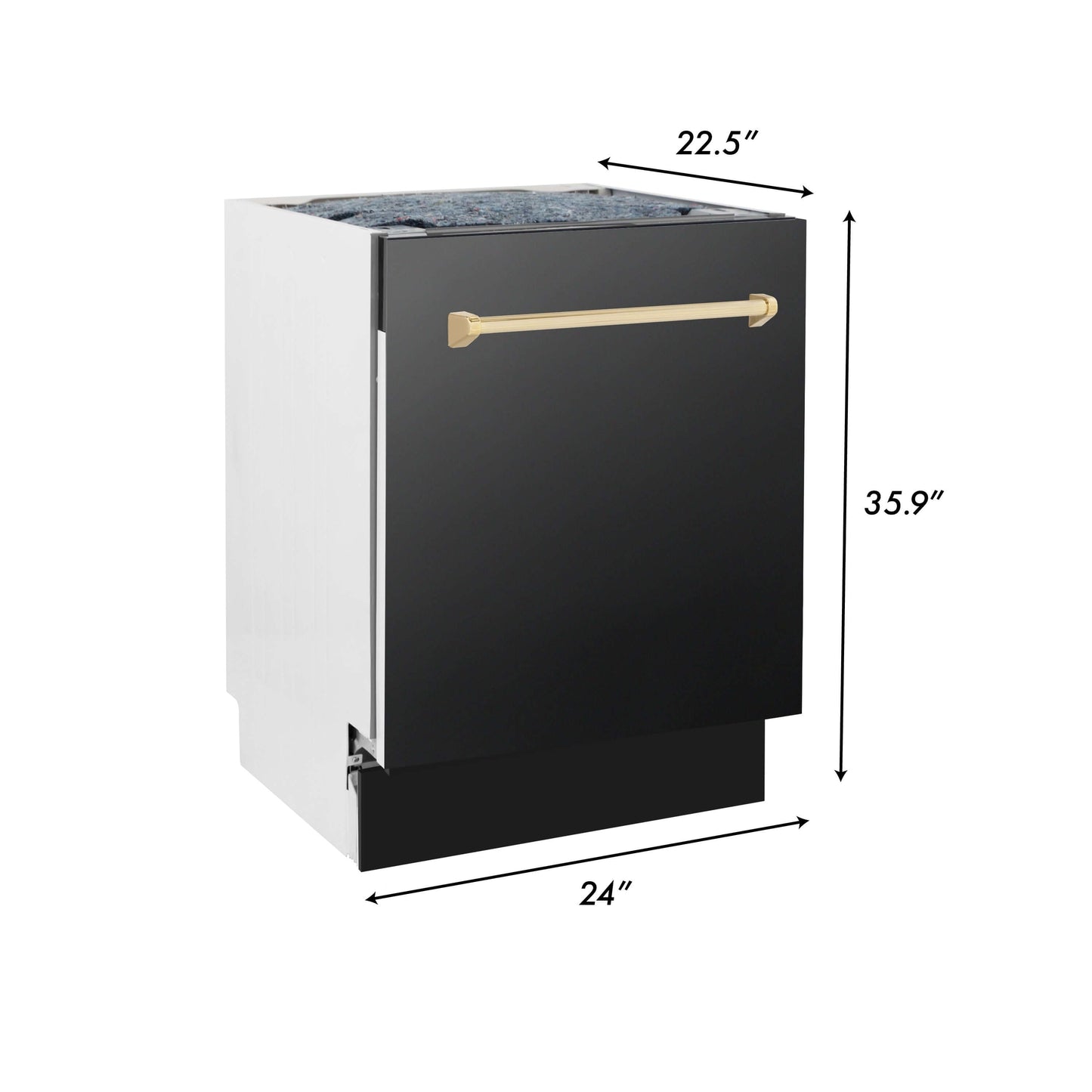 ZLINE 4-Appliance 36" Autograph Edition Kitchen Package with Black Stainless Steel Dual Fuel Range, Range Hood, Dishwasher, and Refrigeration with Polished Gold Accents