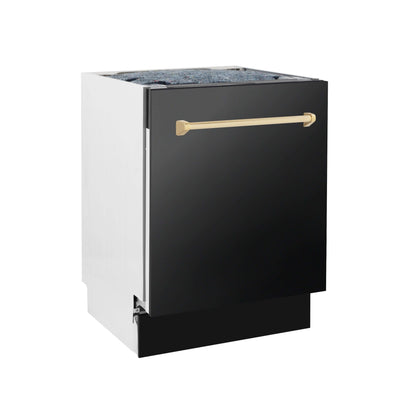 ZLINE 3-Appliance 30" Autograph Edition Kitchen Package with Black Stainless Steel Dual Fuel Range, Range Hood, and Dishwasher with Polished Gold Accents