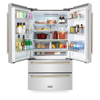ZLINE 48" Autograph Edition 4 Appliance Package with Stainless Steel Dual Fuel Range, Range Hood, Dishwasher, and Refrigeration - Polished Gold Accents