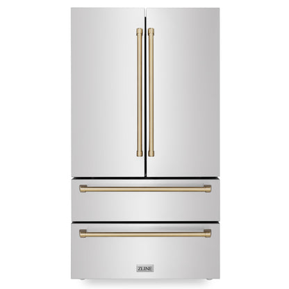 ZLINE 4-Appliance 36" Autograph Edition Kitchen Package with Stainless Steel Dual Fuel Range, Range Hood, Dishwasher, and Refrigeration with Champagne Bronze Accents