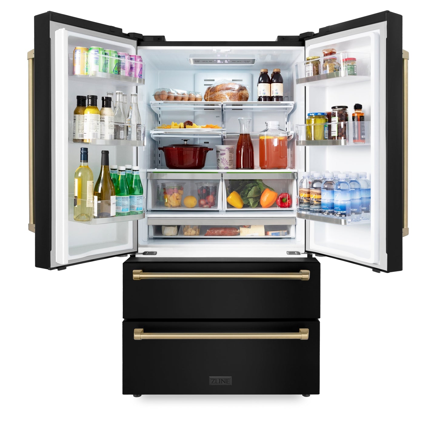 ZLINE 36" Autograph Edition Freestanding French Door Refrigerator with Ice Maker - Black Stainless Steel with Accents