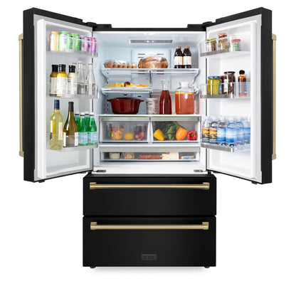 ZLINE 36" Autograph Edition Freestanding French Door Refrigerator with Ice Maker - Black Stainless Steel with Accents