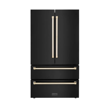ZLINE 4-Appliance 36" Autograph Edition Kitchen Package with Black Stainless Steel Dual Fuel Range, Range Hood, Dishwasher, and Refrigeration with Polished Gold Accents