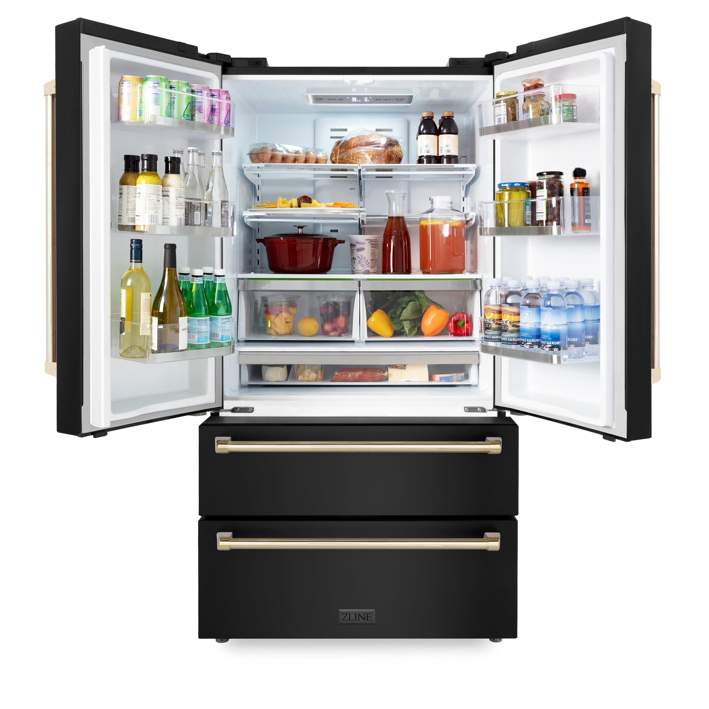 ZLINE 36" Autograph Edition Freestanding French Door Refrigerator with Ice Maker - Black Stainless Steel with Accents