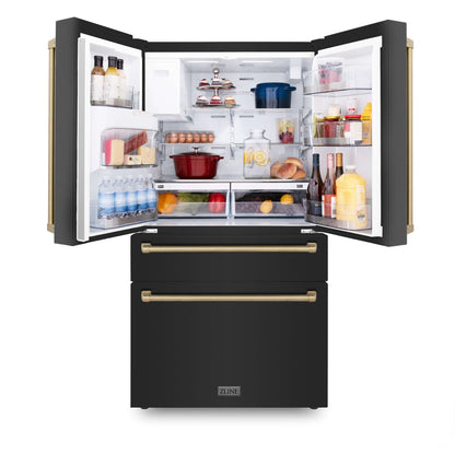 ZLINE 4-Appliance 48" Autograph Edition Kitchen Package with Black Stainless Steel Dual Fuel Range, Range Hood, Dishwasher, and Refrigeration with Champagne Bronze Accents