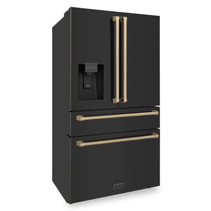ZLINE 36" Autograph Edition Freestanding French Door Refrigerator - Water and Ice Dispenser in Fingerprint Resistant Black Stainless Steel with Accents