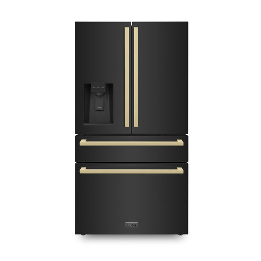 ZLINE 36" Autograph Edition 4-Door French Door Refrigerator with Water and Ice Dispenser - Black Stainless Steel with Champagne Bronze Square Handles