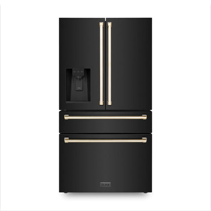 ZLINE 4-Appliance 30" Autograph Edition Kitchen Package with Black Stainless Steel Dual Fuel Range, Range Hood, Dishwasher, and Refrigeration Including External Water Dispenser with Polished Gold Accents