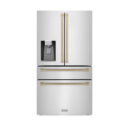 ZLINE 4-Appliance 36" Autograph Edition Kitchen Package with Stainless Steel Dual Fuel Range, Range Hood, Dishwasher, and Refrigeration Including External Water Dispenser with Champagne Bronze Accents