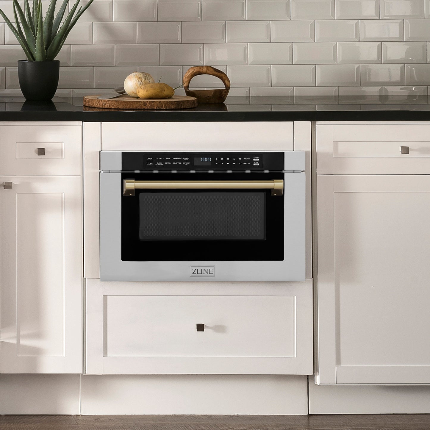 ZLINE Autograph Edition 24" Built-in Microwave Drawer - Traditional Handle in Stainless Steel with Accents