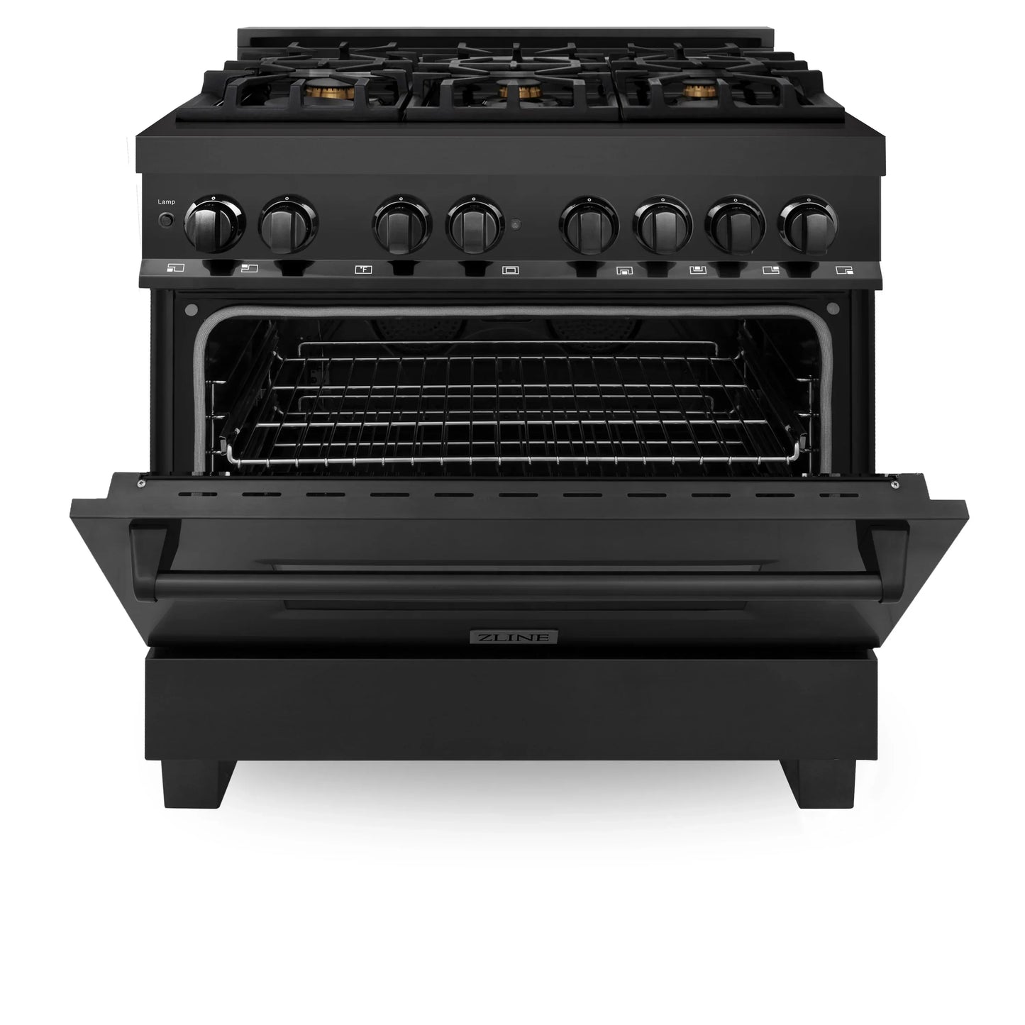 ZLINE 36" Dual Fuel Range - Black Stainless Steel with Brass Burners, Gas Stove, and Electric Oven