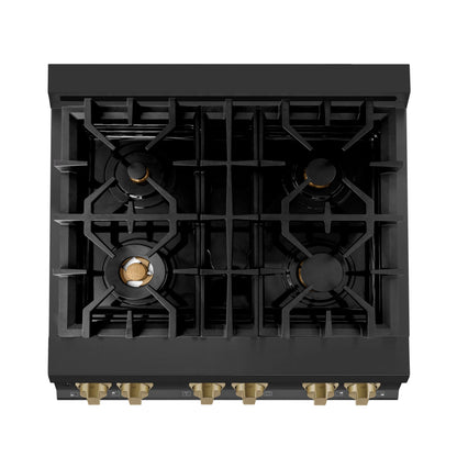 ZLINE 3-Appliance 30" Autograph Edition Kitchen Package with Black Stainless Steel Dual Fuel Range, Range Hood, and Dishwasher with Champagne Bronze Accents