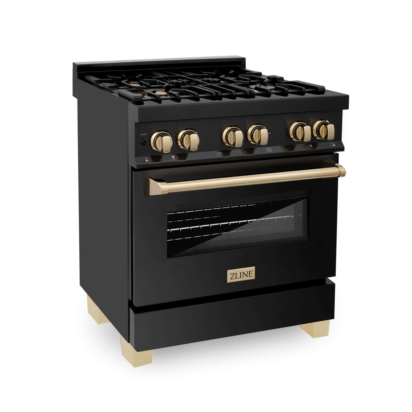 ZLINE 4-Appliance 30" Autograph Edition Kitchen Package with Black Stainless Steel Dual Fuel Range, Range Hood, Dishwasher, and Refrigeration Including External Water Dispenser with Polished Gold Accents