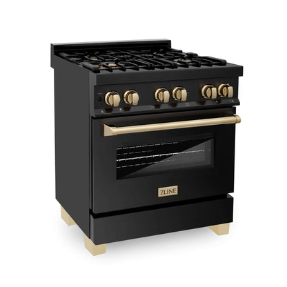 ZLINE 4-Appliance 30" Autograph Edition Kitchen Package with Black Stainless Steel Dual Fuel Range, Range Hood, Dishwasher, and Refrigeration Including External Water Dispenser with Polished Gold Accents