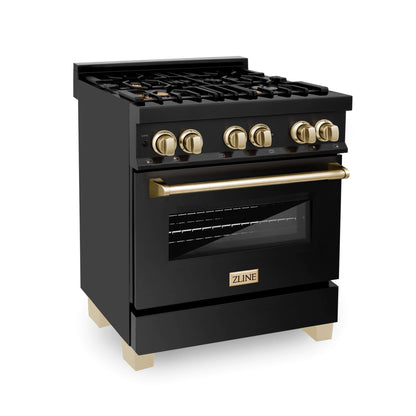 ZLINE 3-Appliance 30" Autograph Edition Kitchen Package with Black Stainless Steel Dual Fuel Range, Range Hood, and Dishwasher with Polished Gold Accents