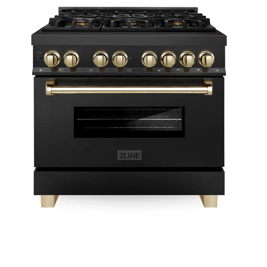 ZLINE Autograph Edition 36" Dual Fuel Range with Gas Stove and Electric Oven - Black Stainless Steel with Gold Accents