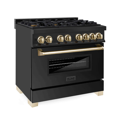ZLINE 2-Appliance 36" Autograph Edition Kitchen Package with Black Stainless Steel Dual Fuel Range and Range Hood with Polished Gold Accents