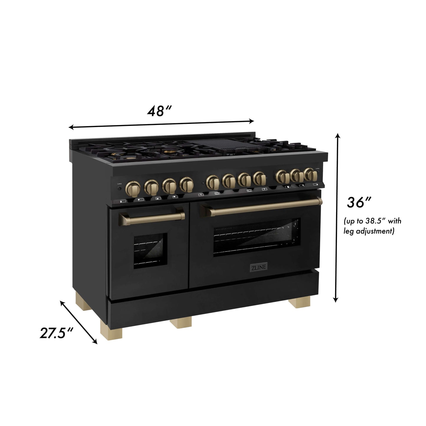 ZLINE 4-Appliance 48" Autograph Edition Kitchen Package with Black Stainless Steel Dual Fuel Range, Range Hood, Dishwasher, and Refrigeration with Champagne Bronze Accents