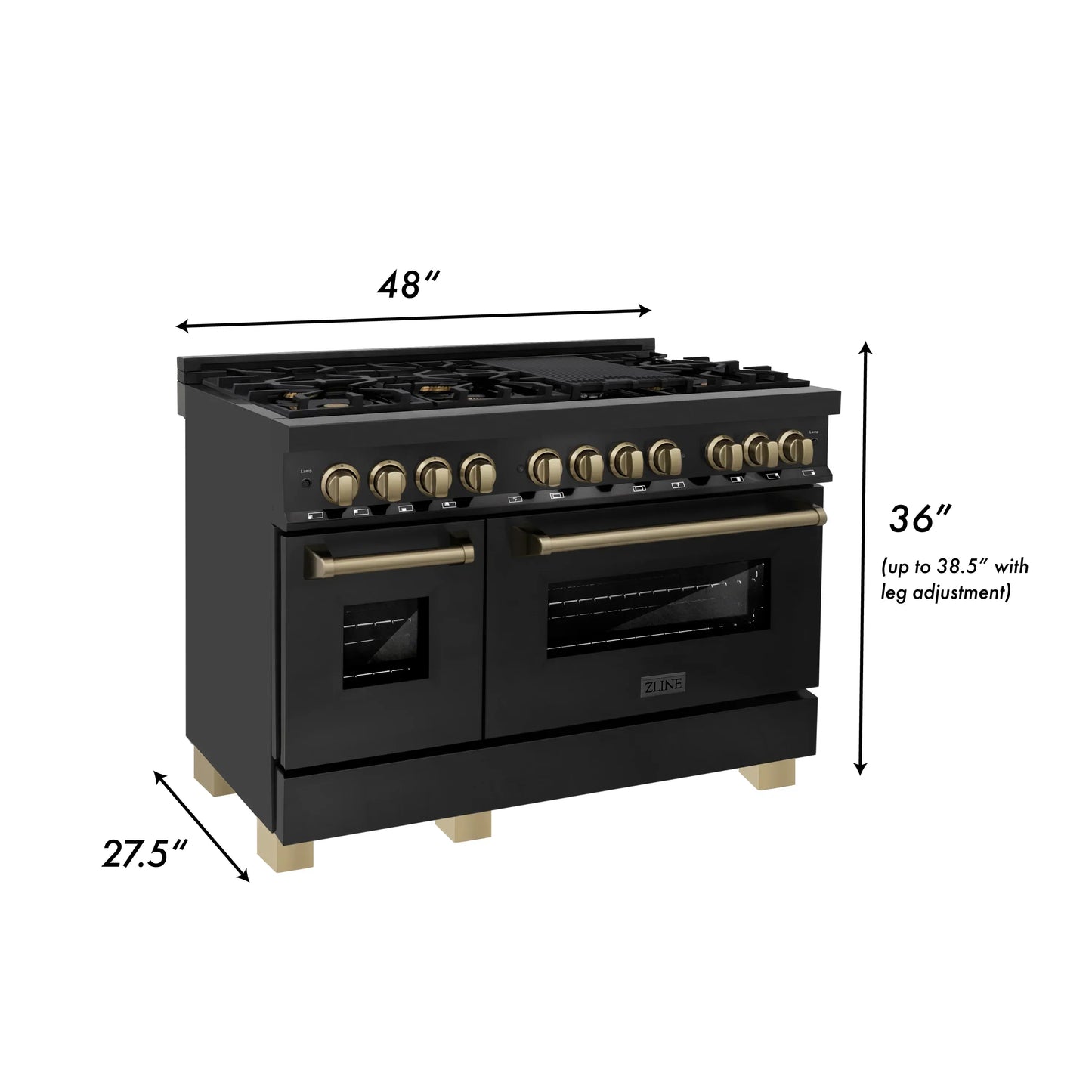 ZLINE Autograph Edition 48" Dual Fuel Range with Gas Stove and Electric Oven - Black Stainless Steel, Champagne Bronze Accents