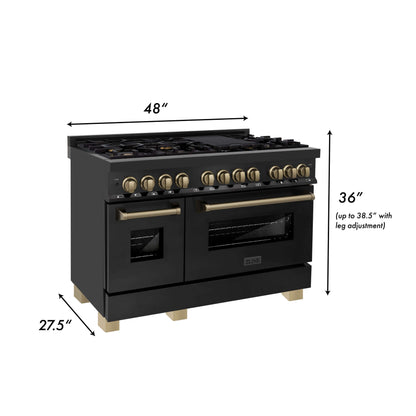 ZLINE 2-Appliance 48" Autograph Edition Kitchen Package with Black Stainless Steel Dual Fuel Range and Range Hood with Champagne Bronze Accents