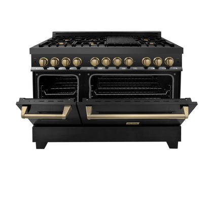 ZLINE 4-Appliance 48" Autograph Edition Kitchen Package with Black Stainless Steel Dual Fuel Range, Range Hood, Dishwasher, and Refrigeration with Champagne Bronze Accents