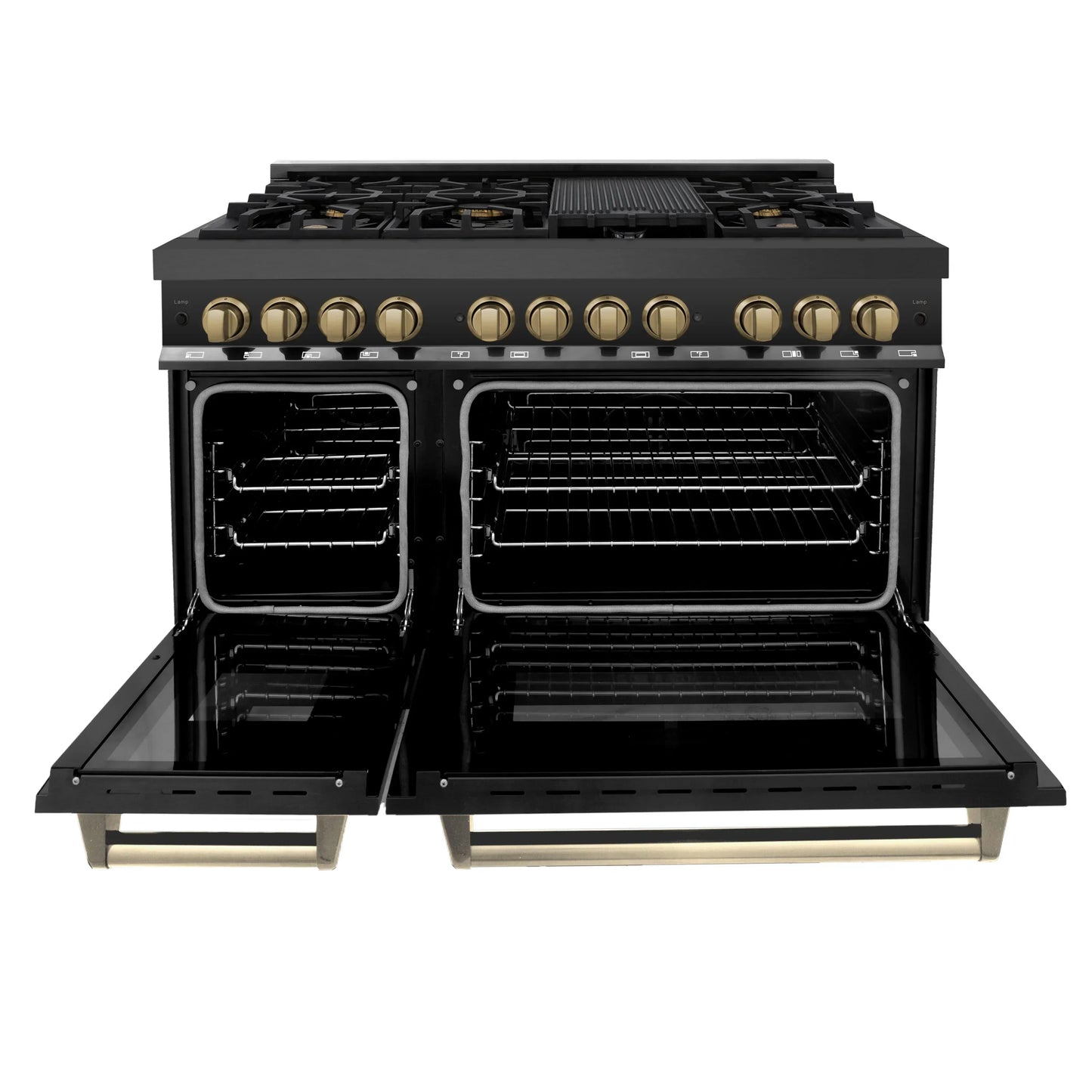ZLINE Autograph Edition 48" Dual Fuel Range with Gas Stove and Electric Oven - Black Stainless Steel, Champagne Bronze Accents