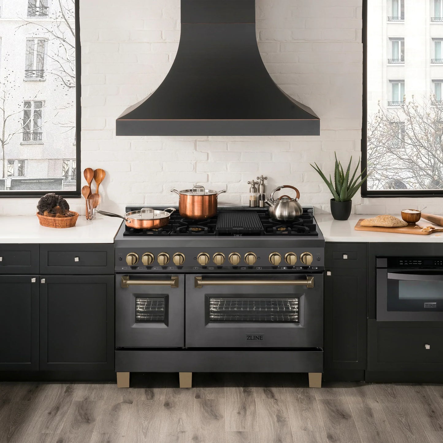 ZLINE Autograph Edition 48" Dual Fuel Range with Gas Stove and Electric Oven - Black Stainless Steel, Champagne Bronze Accents