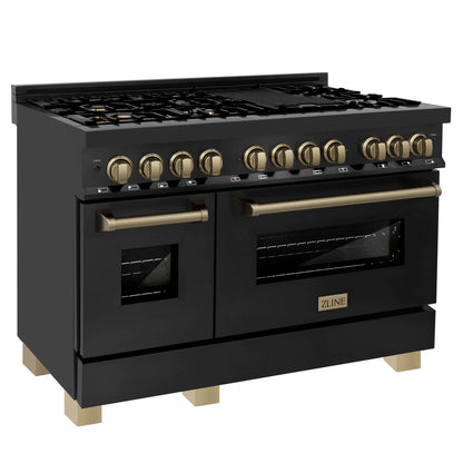 ZLINE 4-Appliance 48" Autograph Edition Kitchen Package with Black Stainless Steel Dual Fuel Range, Range Hood, Dishwasher, and Refrigeration with Champagne Bronze Accents