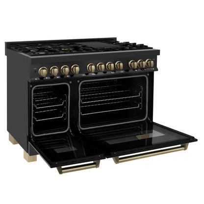 ZLINE Autograph Edition 48" Dual Fuel Range with Gas Stove and Electric Oven - Black Stainless Steel, Champagne Bronze Accents