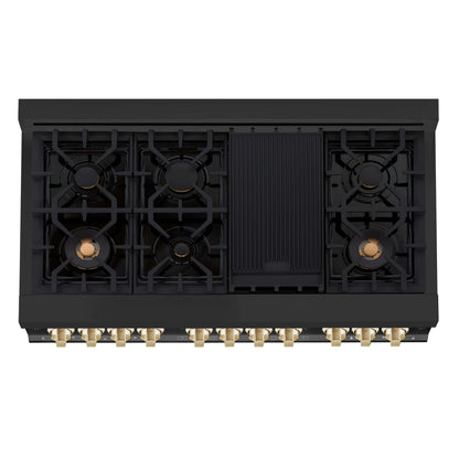 ZLINE 3-Appliance 48" Autograph Edition Kitchen Package with Black Stainless Steel Dual Fuel Range, Range Hood, and Dishwasher with Polished Gold Accents