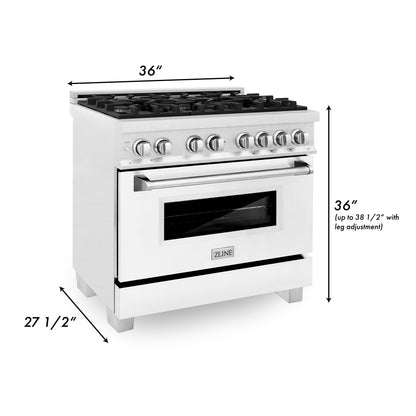 ZLINE 2-Appliance 36" Kitchen Package with DuraSnow Stainless Steel Dual Fuel Range with Matte White Door and Convertible Vent Range Hood