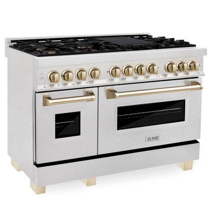 ZLINE Autograph Edition 48" Dual Fuel Range - DuraSnow Steel with Gold Accents
