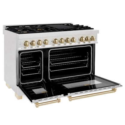 ZLINE Autograph Edition 48" Dual Fuel Range - DuraSnow Steel with Gold Accents
