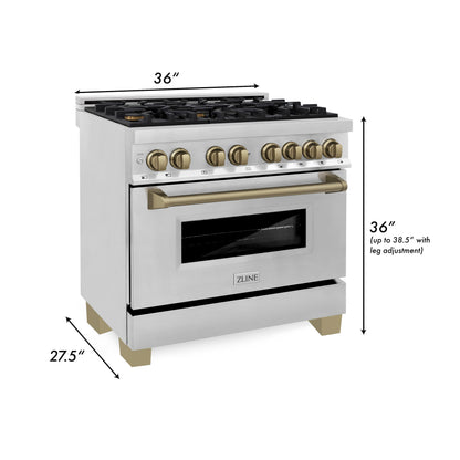 ZLINE 4-Appliance 36" Autograph Edition Kitchen Package with Stainless Steel Dual Fuel Range, Range Hood, Dishwasher, and Refrigeration Including External Water Dispenser with Champagne Bronze Accents