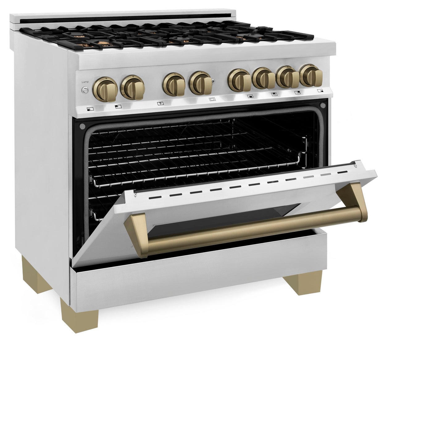 ZLINE 4-Appliance 36" Autograph Edition Kitchen Package with Stainless Steel Dual Fuel Range, Range Hood, Dishwasher, and Refrigeration with Champagne Bronze Accents
