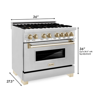 ZLINE 4-Appliance 36" Autograph Edition Kitchen Package with Stainless Steel Dual Fuel Range, Range Hood, Dishwasher, and Refrigeration Including External Water Dispenser with Polished Gold Accents