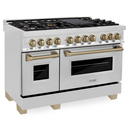 ZLINE 2-Appliance 48" Autograph Edition Kitchen Package with Stainless Steel Dual Fuel Range and Range Hood with Champagne Bronze Accents