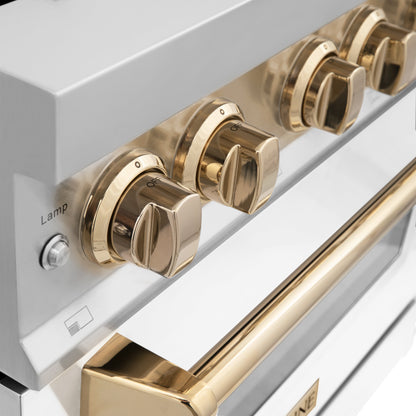 ZLINE 2-Appliance 36" Autograph Edition Kitchen Package with Stainless Steel Dual Fuel Range with Matte White Door and Range Hood with Polished Gold Accents