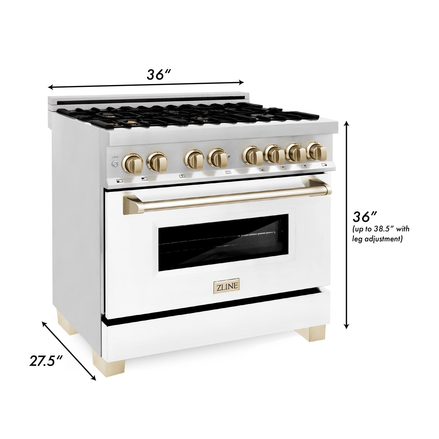 ZLINE 2-Appliance 36" Autograph Edition Kitchen Package with Stainless Steel Dual Fuel Range with Matte White Door and Range Hood with Polished Gold Accents
