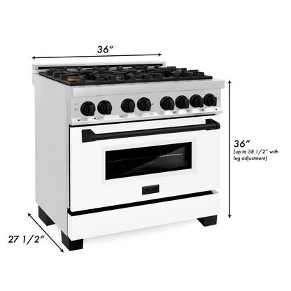 ZLINE 3-Appliance 36" Autograph Edition Kitchen Package with Stainless Steel Dual Fuel Range with Matte White Door, Range Hood, and Dishwasher with Matte Black Accents