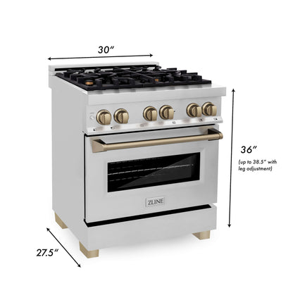 ZLINE 4-Appliance 30" Autograph Edition Kitchen Package with Stainless Steel Dual Fuel Range, Range Hood, Dishwasher, and Refrigeration Including External Water Dispenser with Champagne Bronze Accents