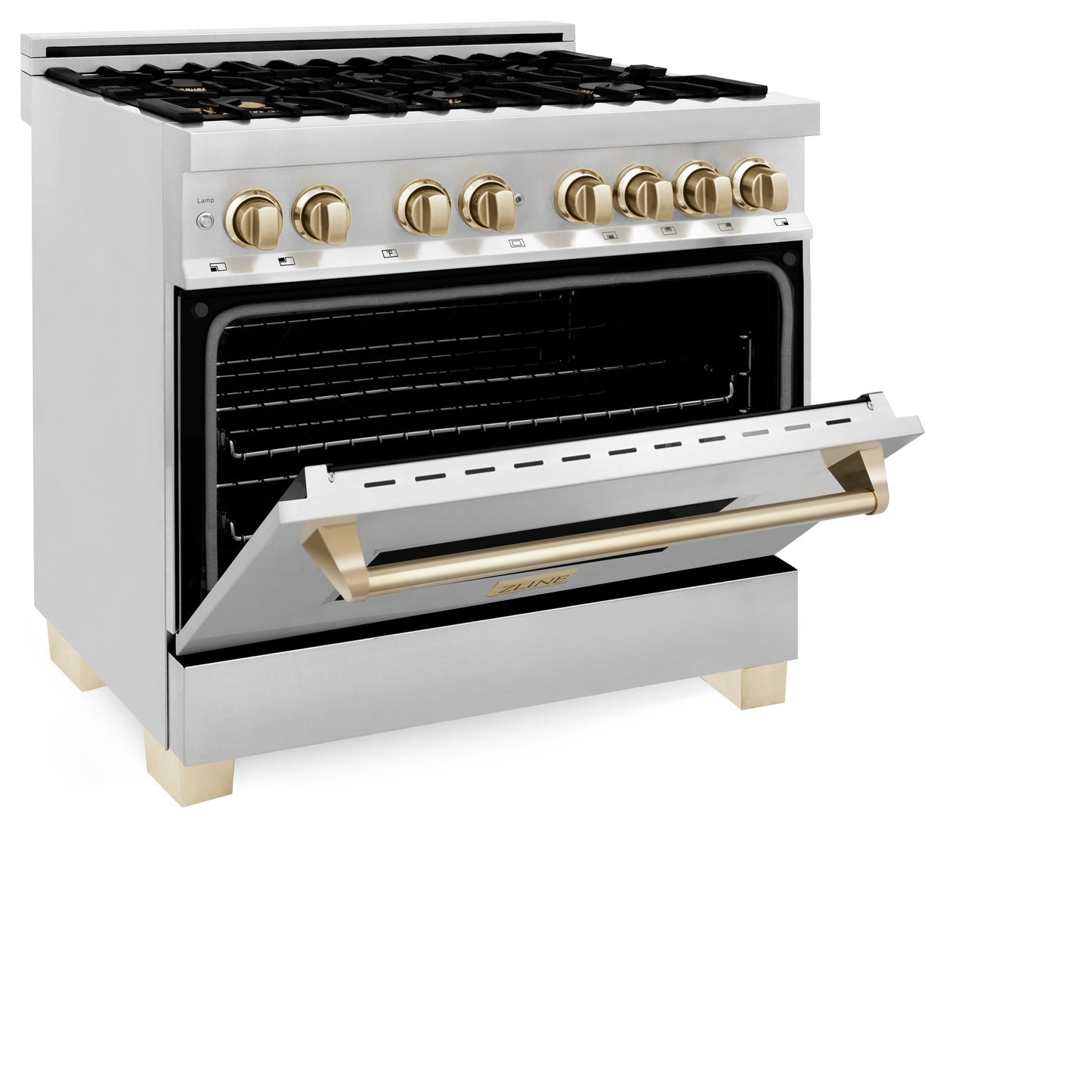 ZLINE 4-Appliance 36" Autograph Edition Kitchen Package with Stainless Steel Dual Fuel Range, Range Hood, Dishwasher, and Refrigeration Including External Water Dispenser with Polished Gold Accents